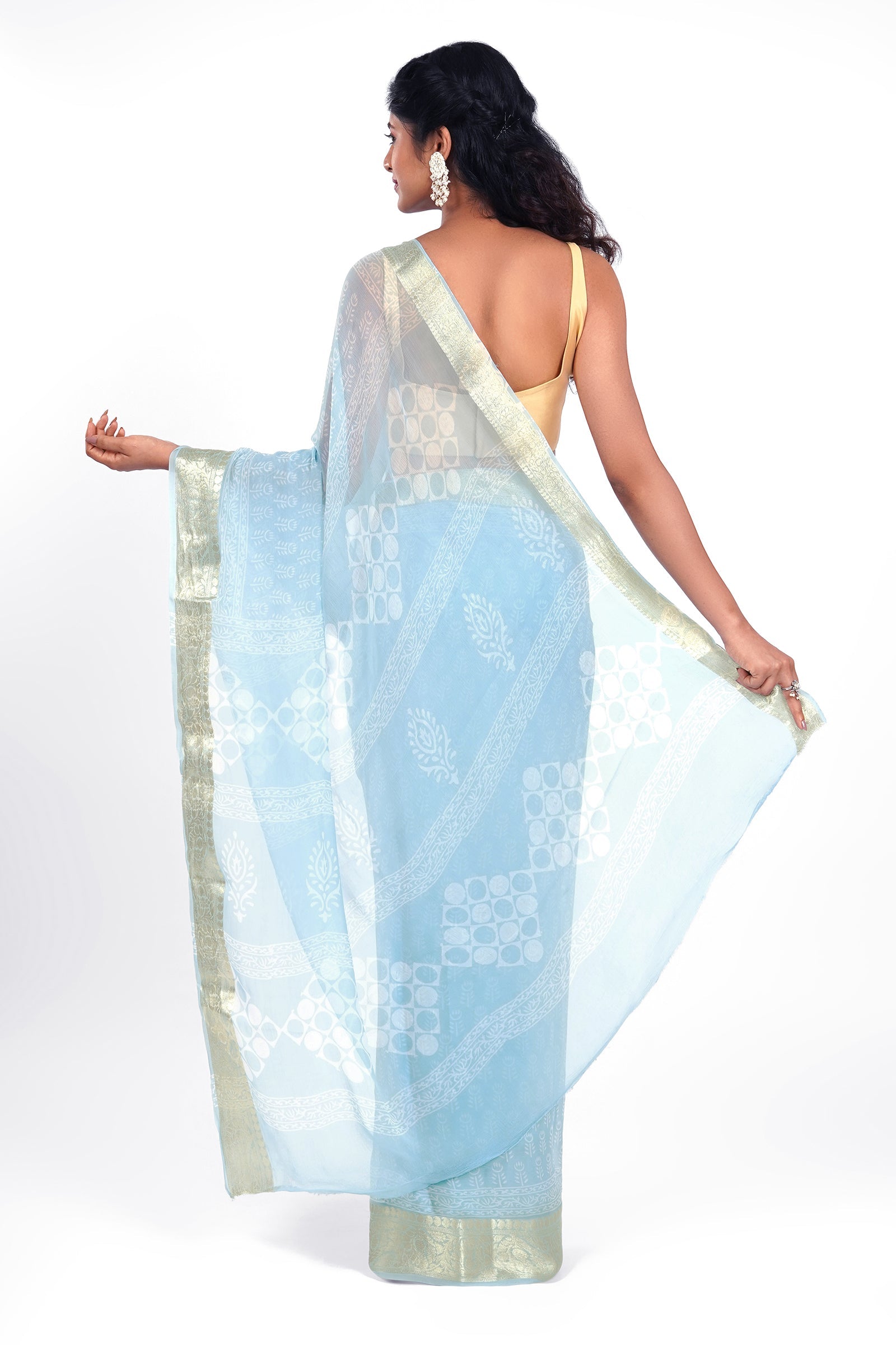 Azure Sky Blue Block Print Chiffon Saree