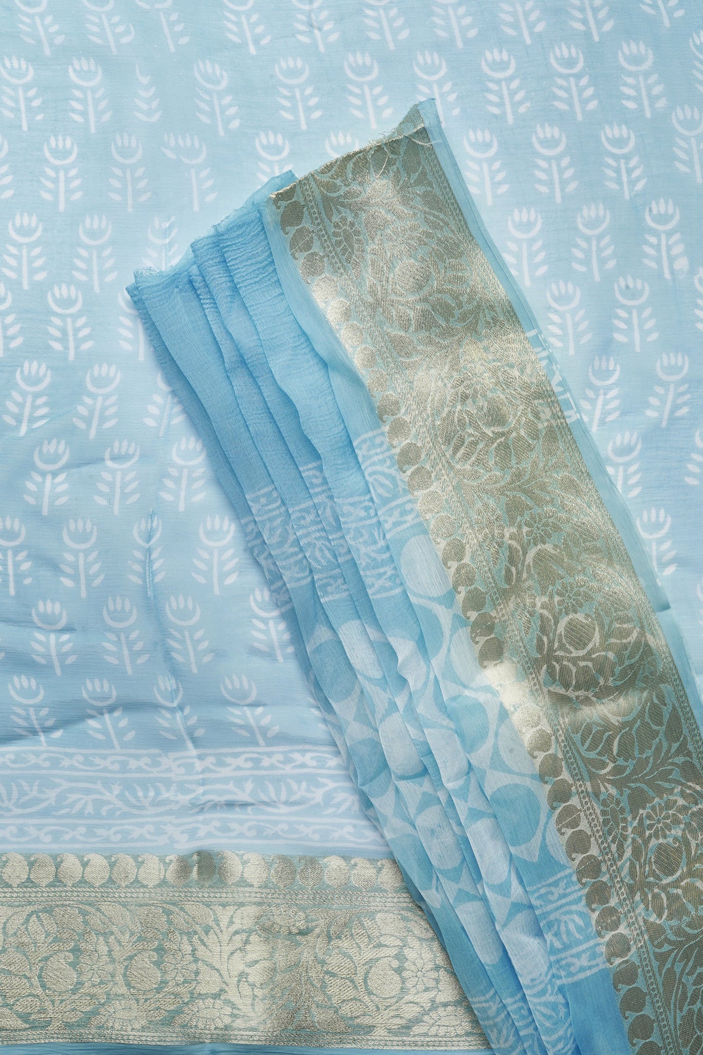 Azure Sky Blue Block Print Chiffon Saree