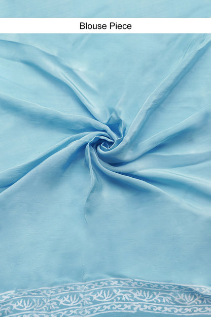 Azure Sky Blue Block Print Chiffon Saree