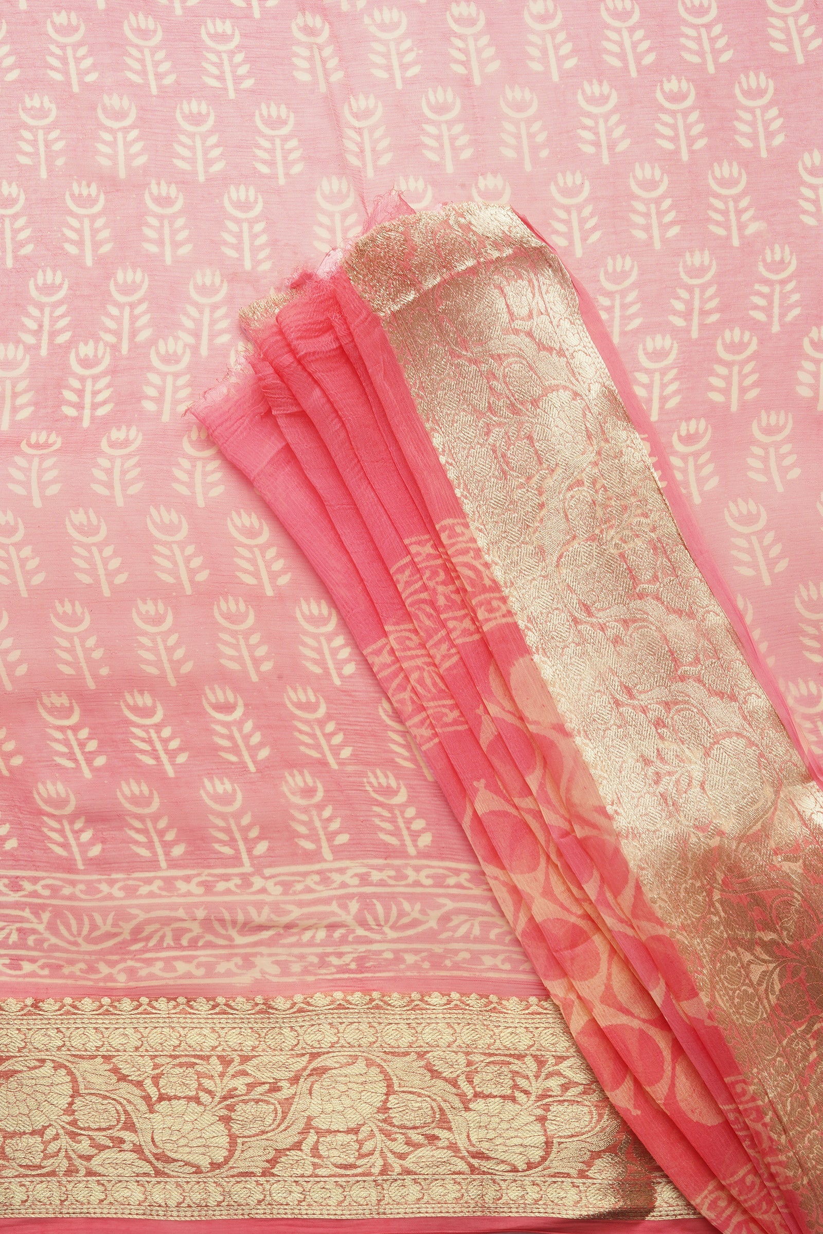 Blush Pink Block Print Chiffon Saree