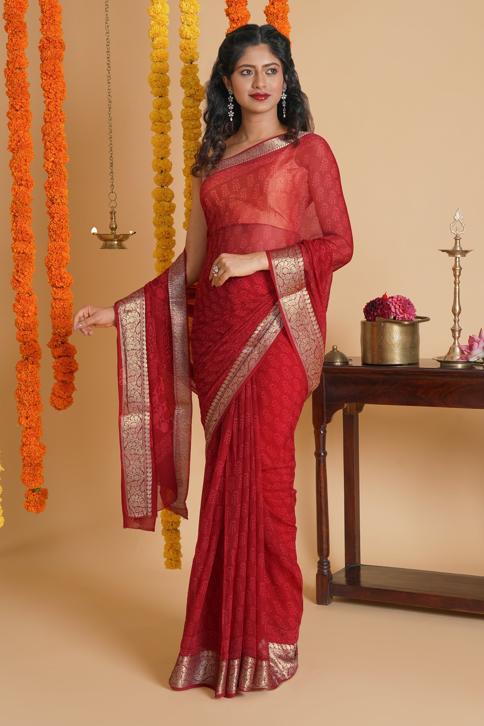 Majestic Red Block Print Chiffon Saree