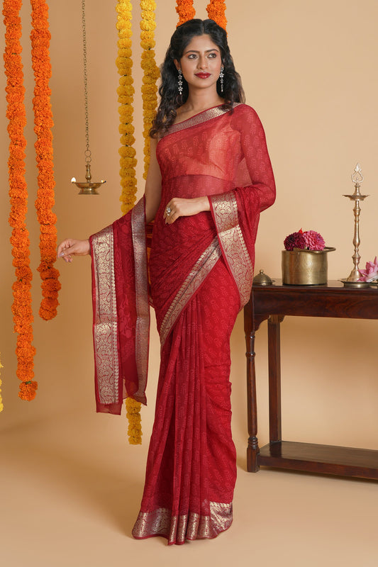 Majestic Red Block Print Chiffon Saree