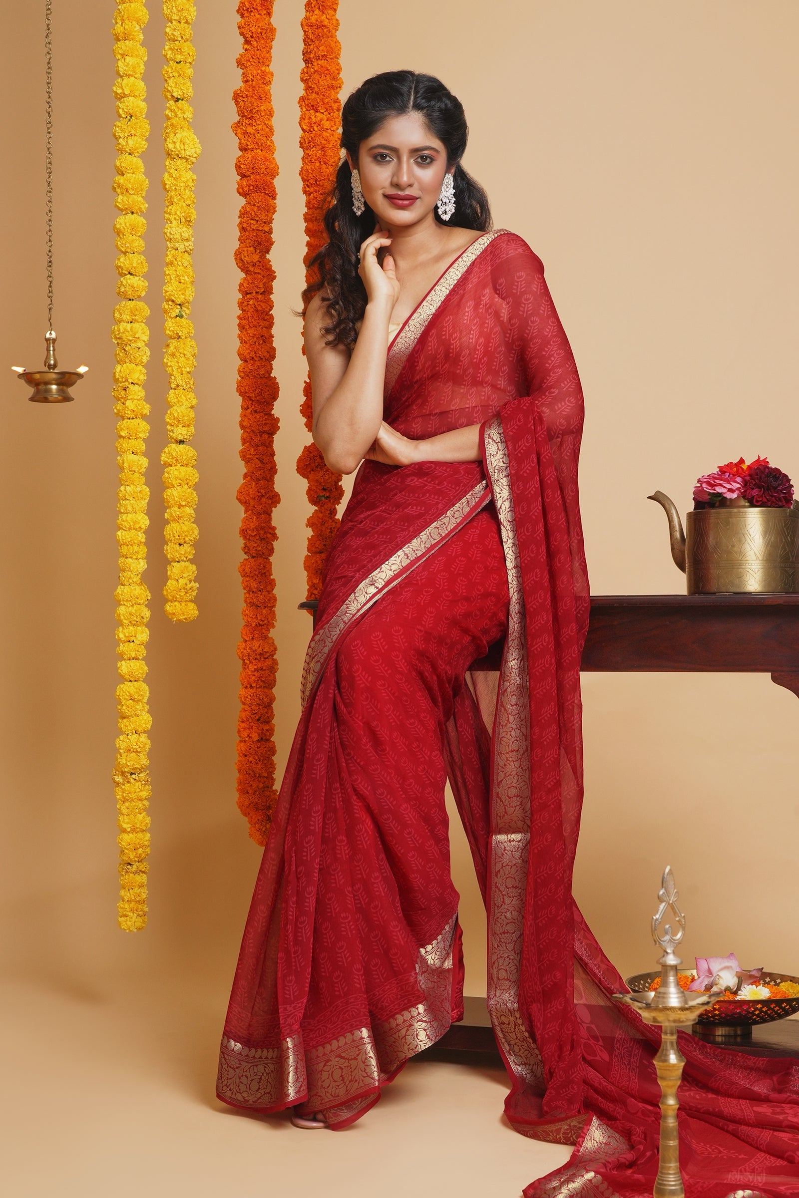 Majestic Red Block Print Chiffon Saree
