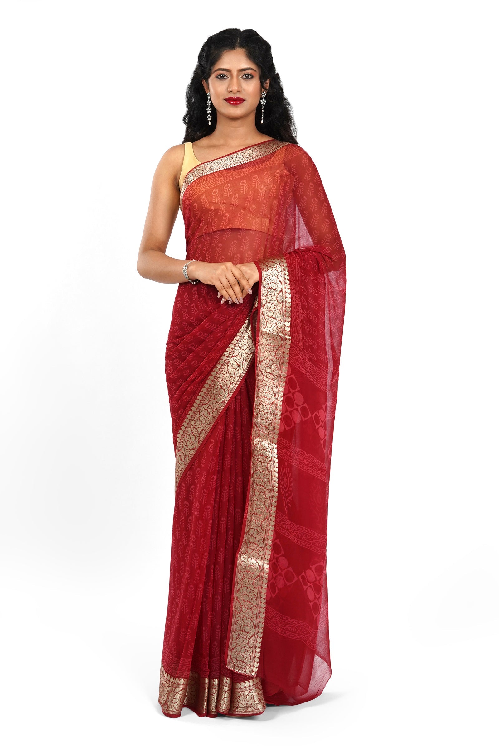 Majestic Red Block Print Chiffon Saree