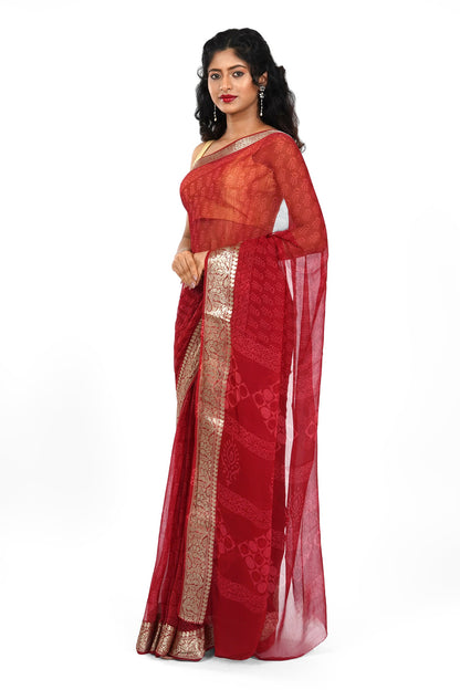 Majestic Red Block Print Chiffon Saree
