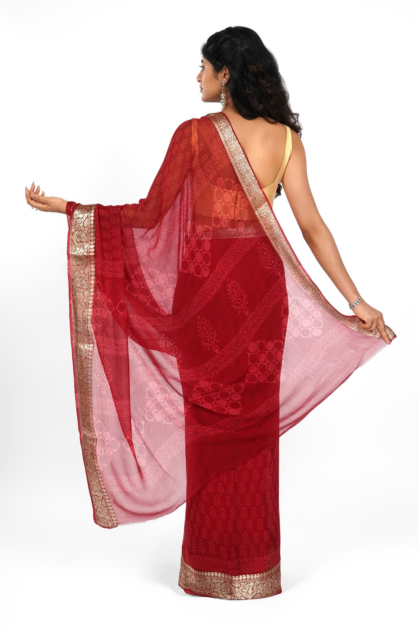 Majestic Red Block Print Chiffon Saree