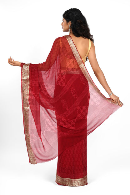 Majestic Red Block Print Chiffon Saree