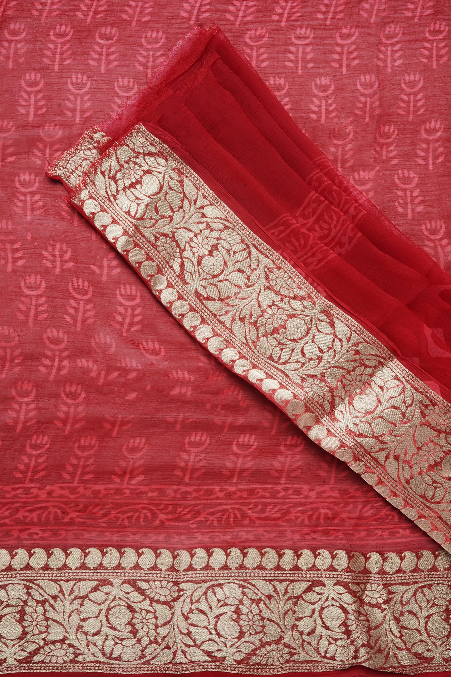Majestic Red Block Print Chiffon Saree
