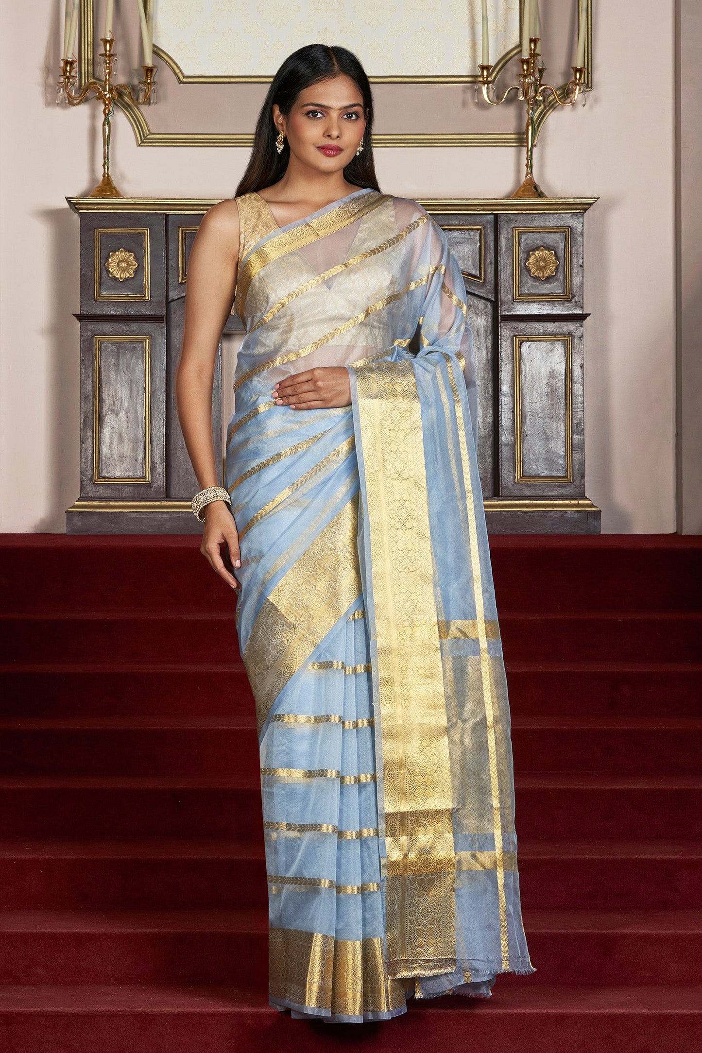 Teejh Manikarn Powder Blue Banarasi Semi Georgette Silk Saree