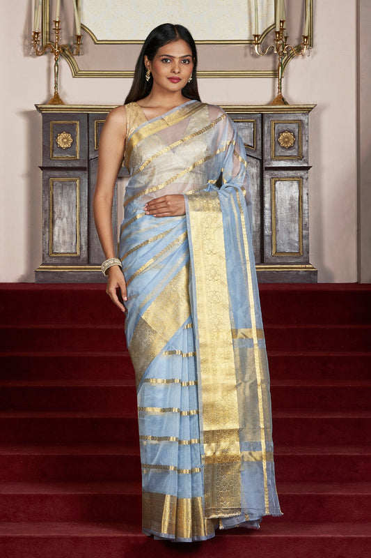 Teejh Manikarn Powder Blue Banarasi Semi Georgette Silk Saree