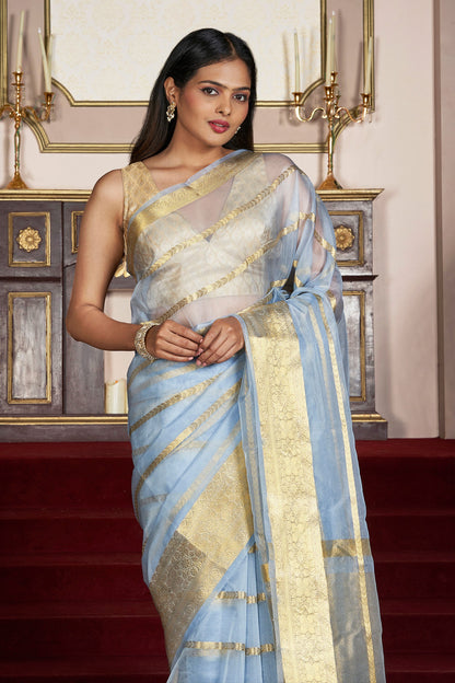 Teejh Manikarn Powder Blue Banarasi Semi Georgette Silk Saree