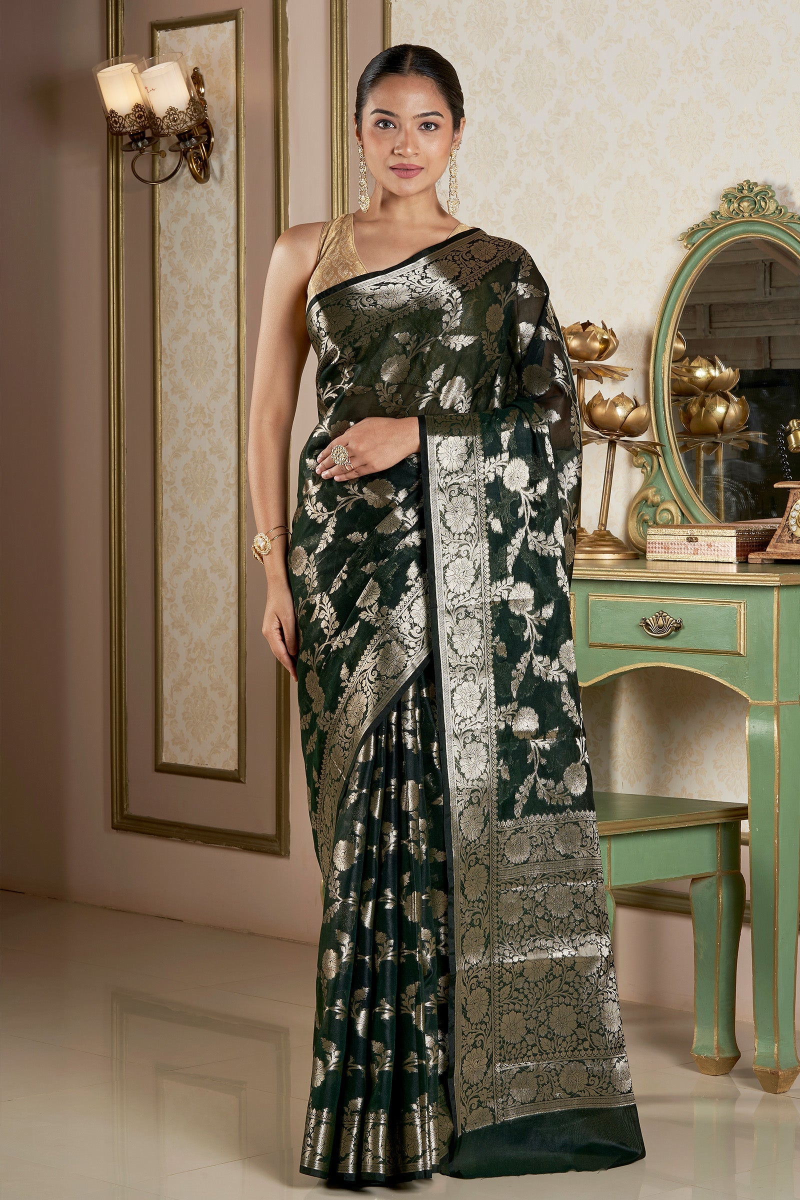 Teejh Panchganga Bottle Green Banarasi Semi Georgette Silk Saree