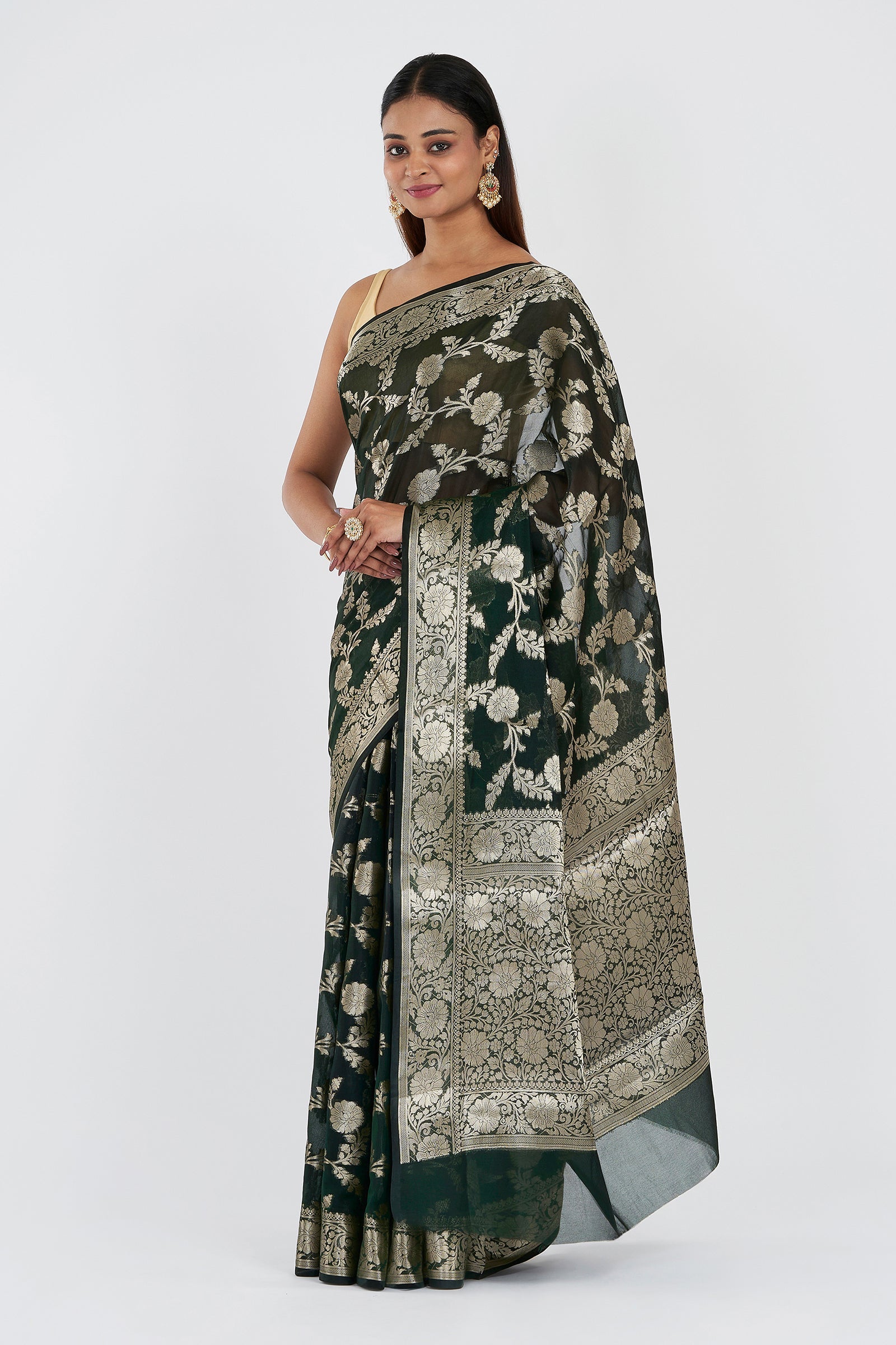 Teejh Panchganga Bottle Green Banarasi Semi Georgette Silk Saree