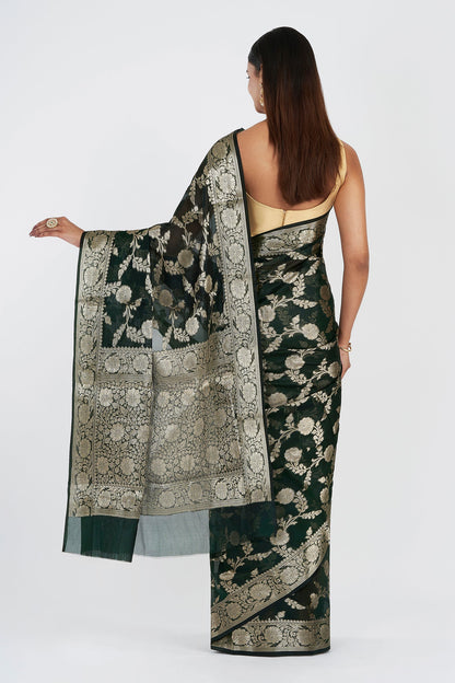 Teejh Panchganga Bottle Green Banarasi Semi Georgette Silk Saree