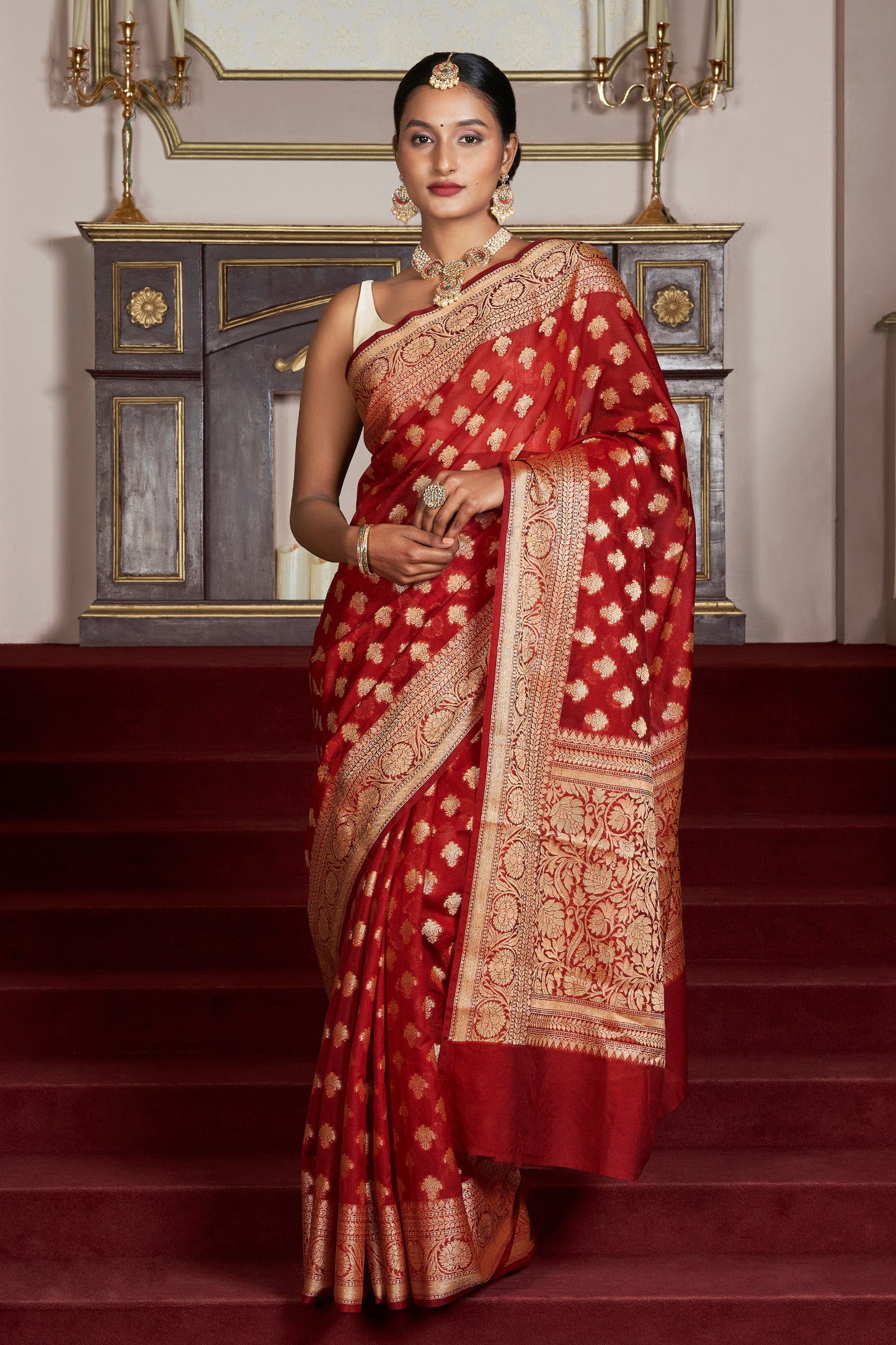 Teejh Dwara Red Banarasi Chiffon Silk Saree