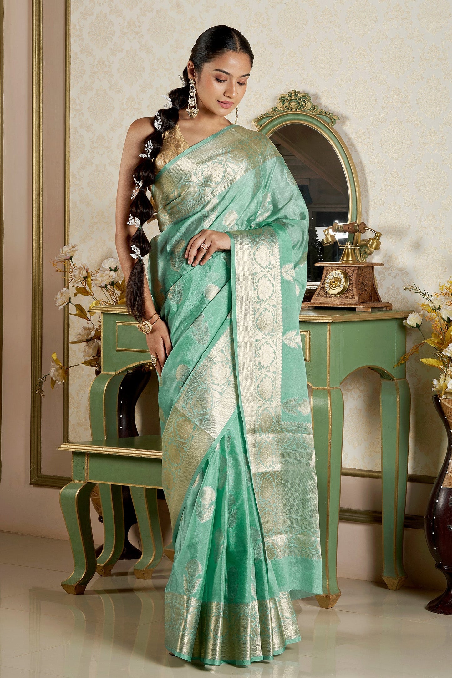 Teejh Sivala Sea Green Banarasi Semi Chiffon Warm Silk Saree