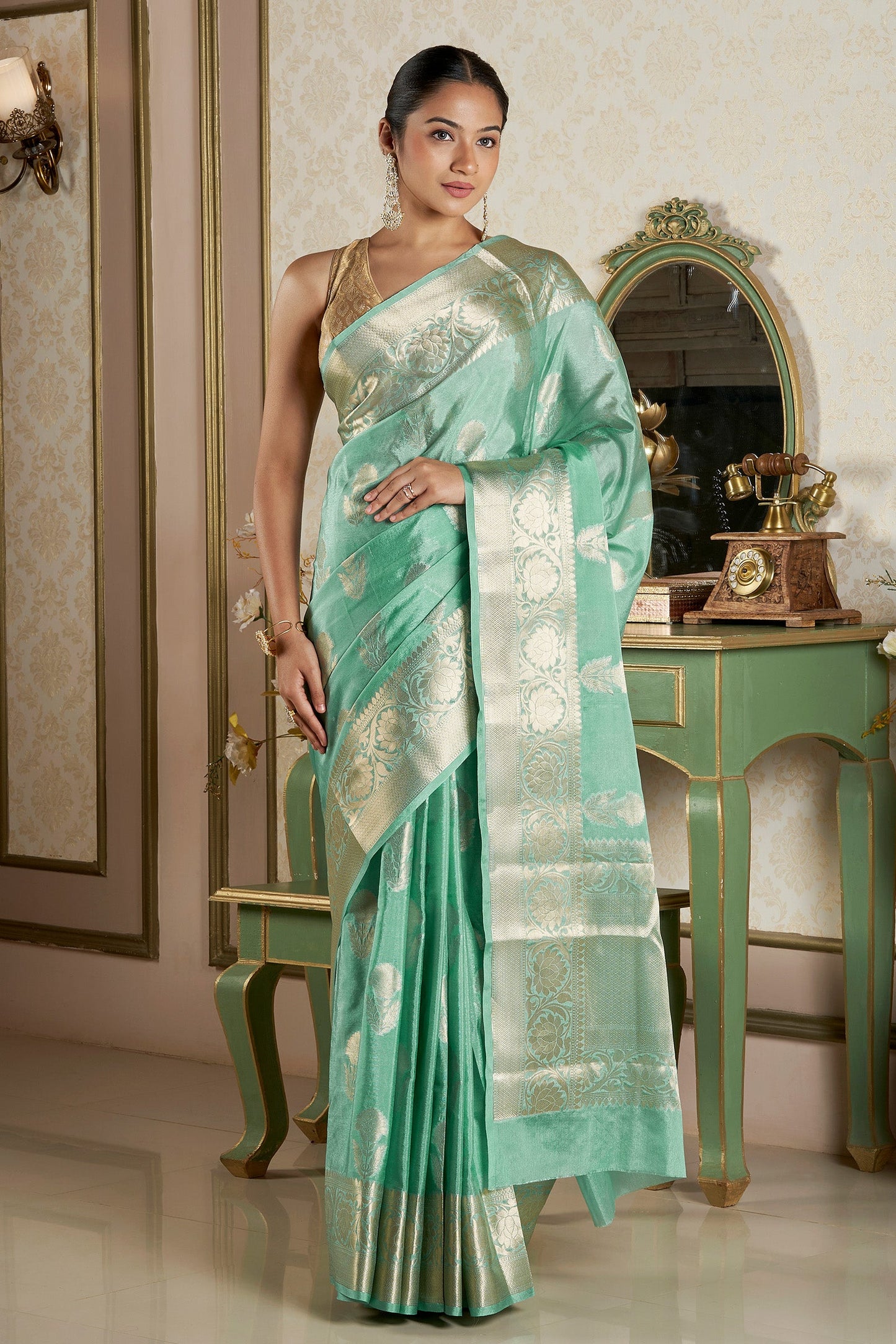 Teejh Sivala Sea Green Banarasi Semi Chiffon Warm Silk Saree