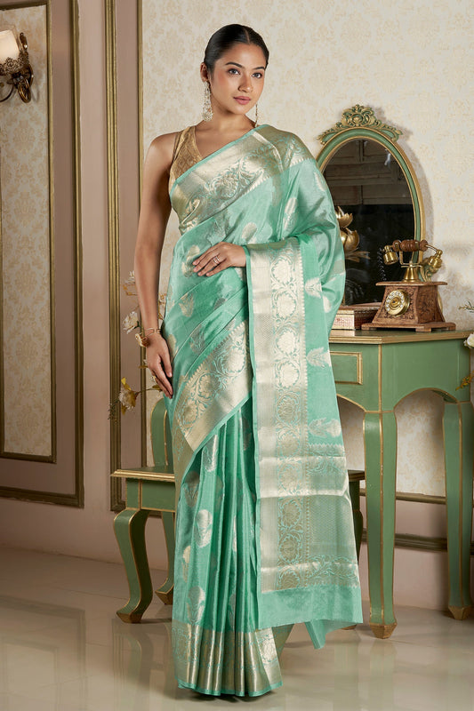Teejh Sivala Sea Green Banarasi Semi Chiffon Warm Silk Saree