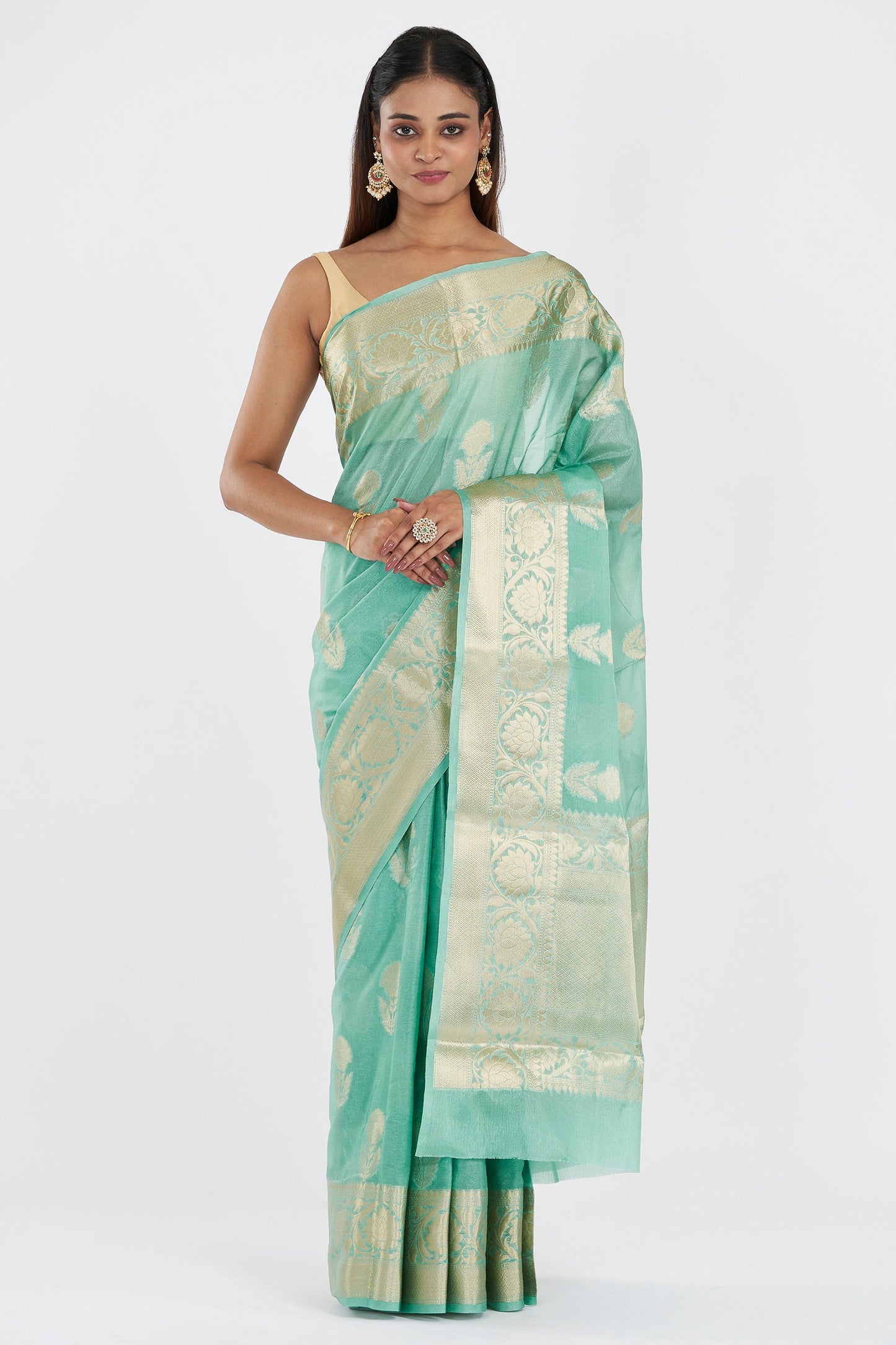 Teejh Sivala Sea Green Banarasi Semi Chiffon Warm Silk Saree