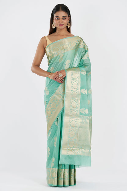 Teejh Sivala Sea Green Banarasi Semi Chiffon Warm Silk Saree