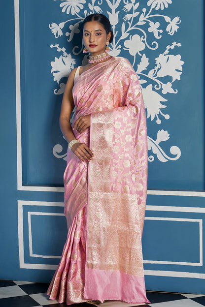 Teejh Aarhna Light Pink Banarasi Semi Georgette Jaal Weaving Saree