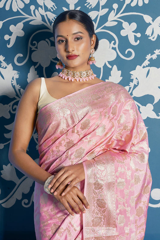 Teejh Aarhna Light Pink Banarasi Semi Georgette Jaal Weaving Saree
