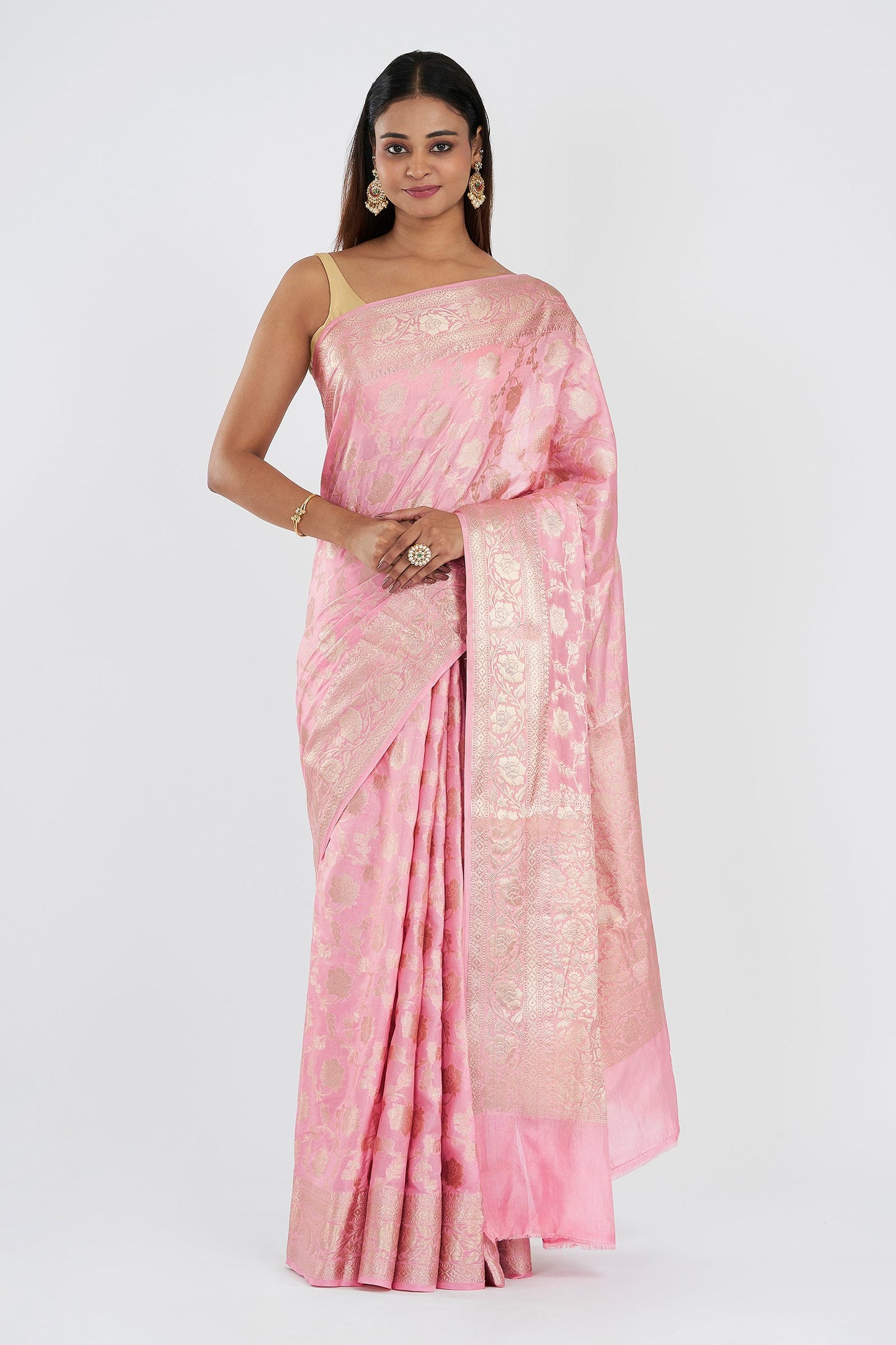 Teejh Aarhna Light Pink Banarasi Semi Georgette Jaal Weaving Saree