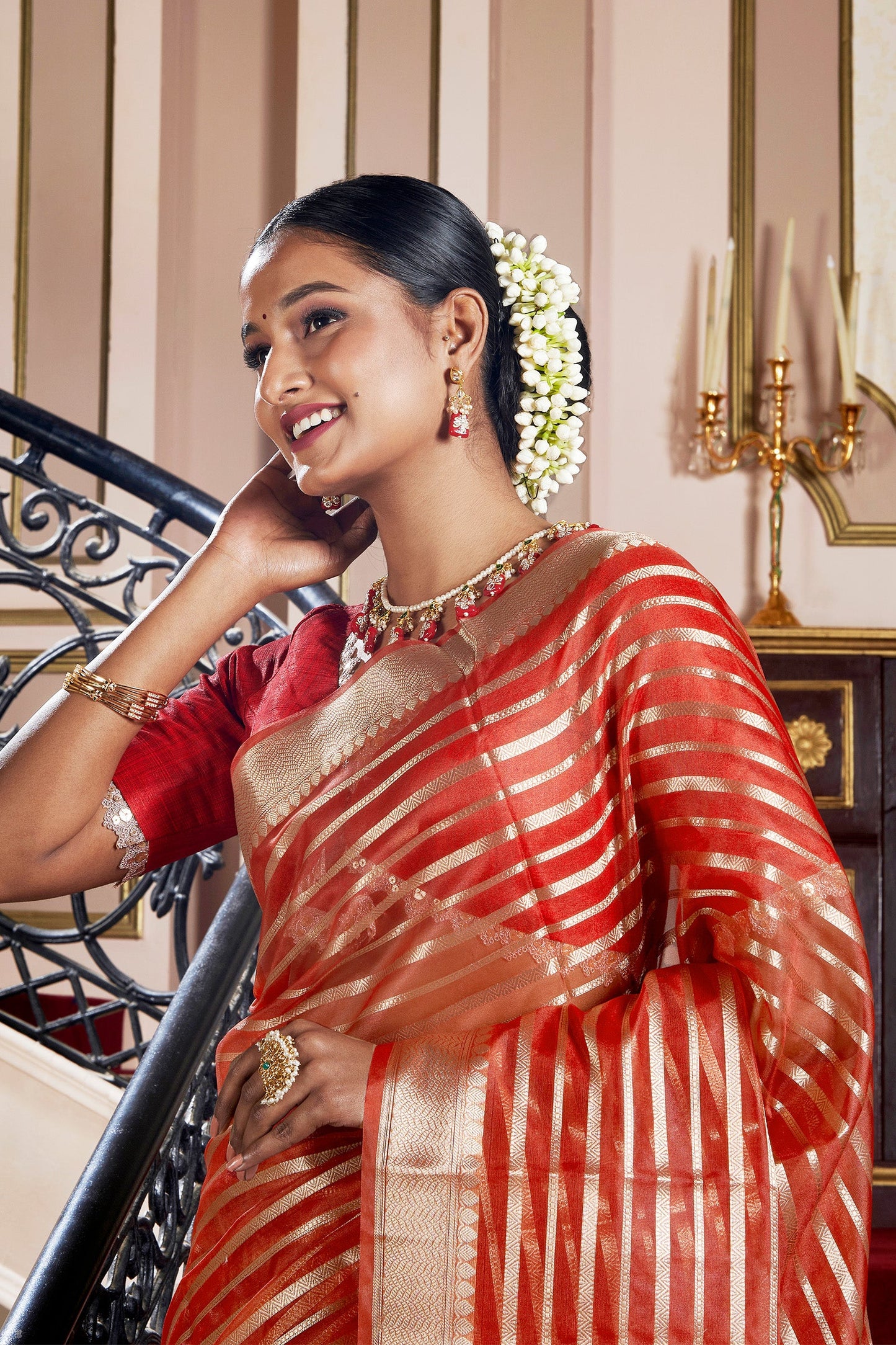 Teejh Kashi Bright Red Organza Lining Saree