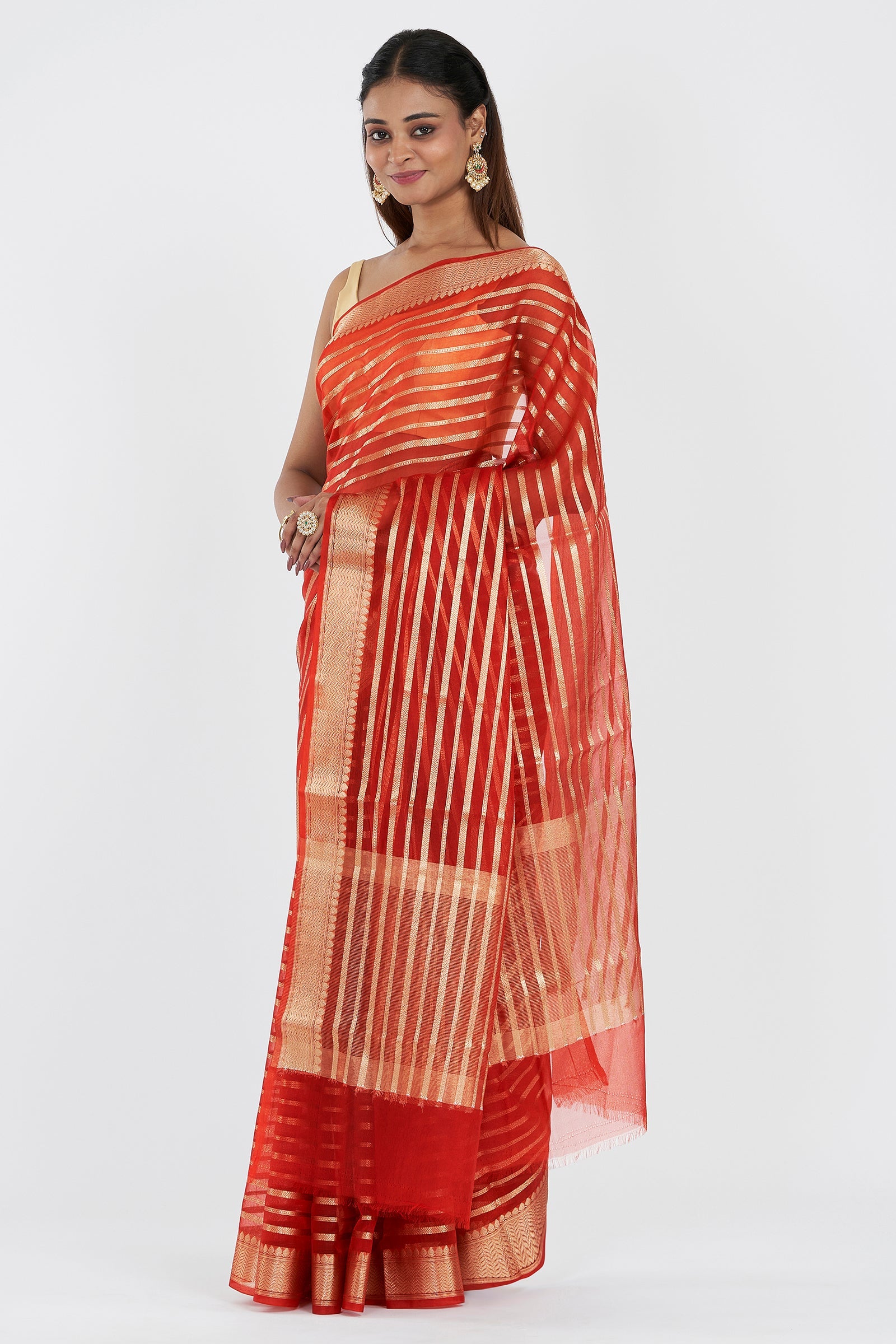 Teejh Kashi Bright Red Organza Lining Saree