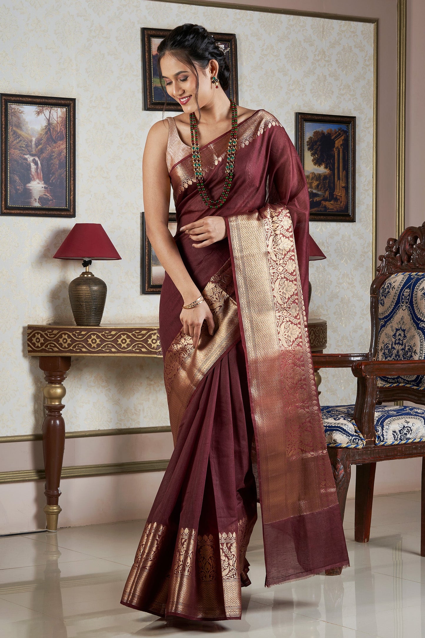 Teejh Darbhanga Maroon Banarasi Silk Linen Saree