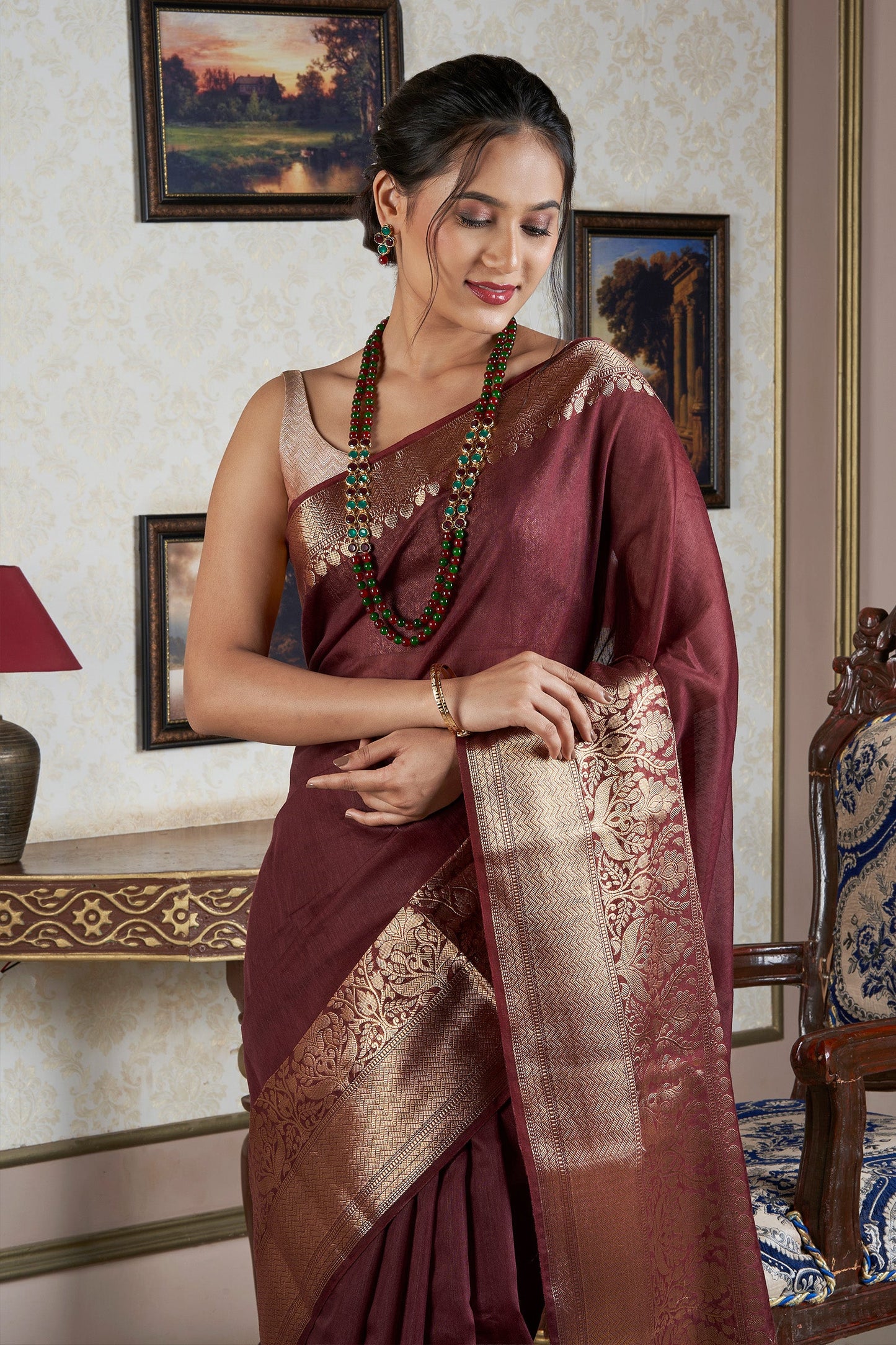 Teejh Darbhanga Maroon Banarasi Silk Linen Saree