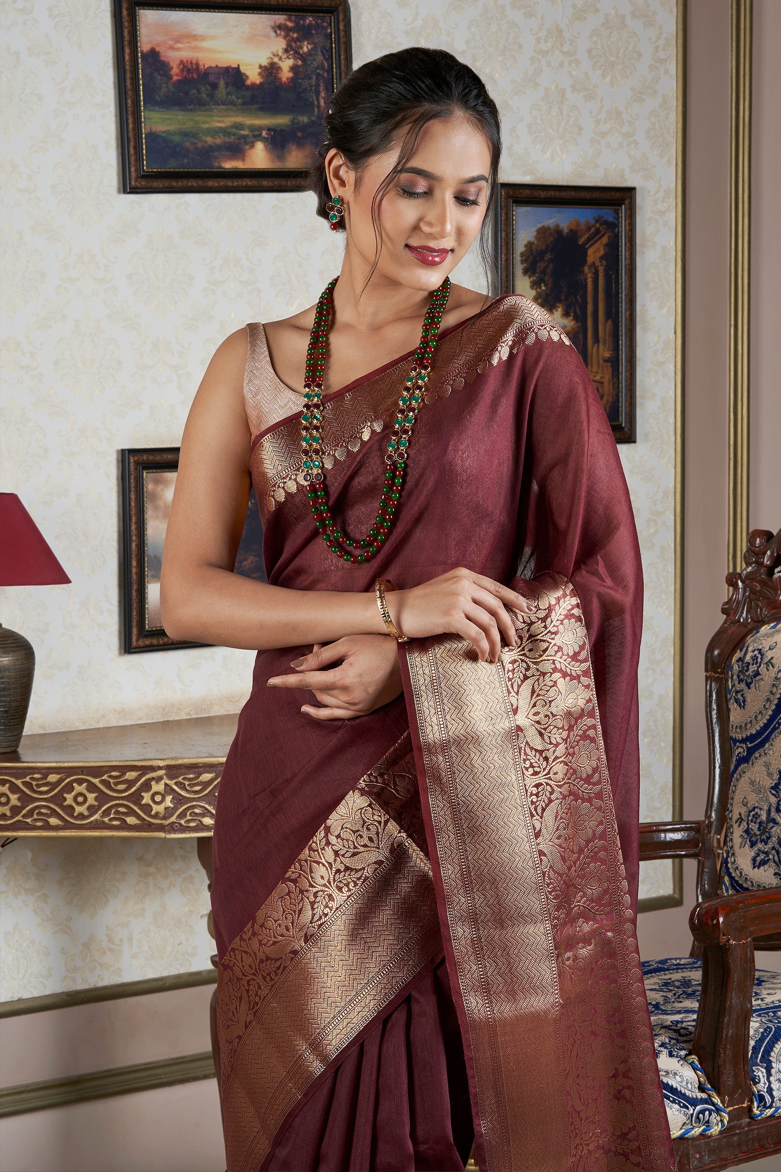 Teejh Darbhanga Maroon Banarasi Silk Linen Saree