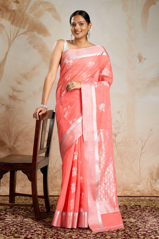 Teejh Pichola Silk Cotton peach saree