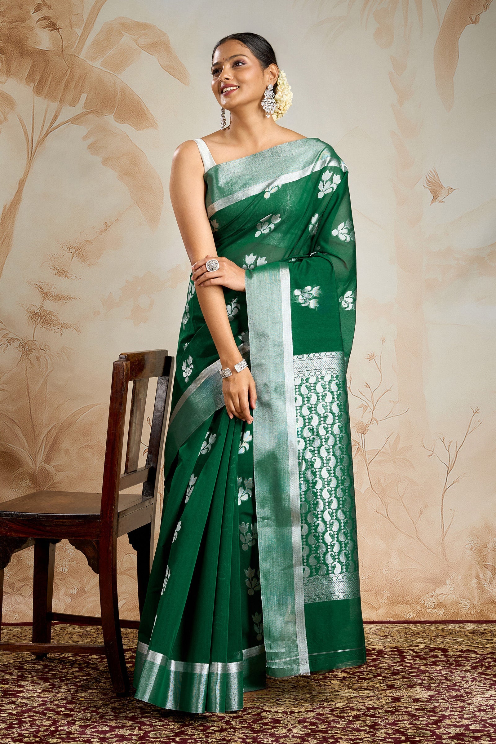 Teejh Chilika Silk Cotton Bottle Green saree