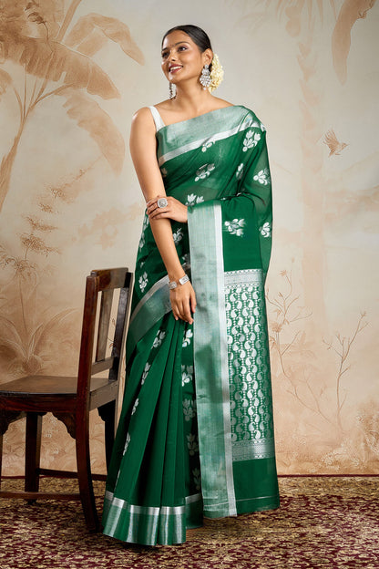 Teejh Chilika Silk Cotton Bottle Green saree