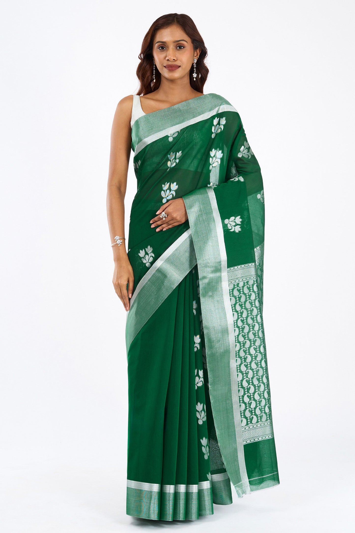 Teejh Chilika Silk Cotton Bottle Green saree