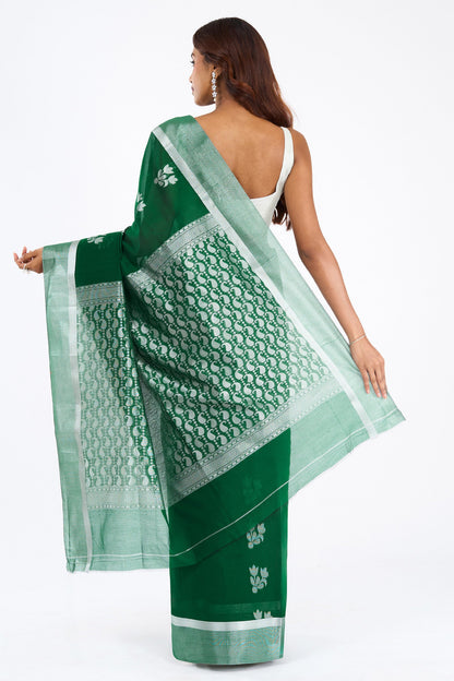 Teejh Chilika Silk Cotton Bottle Green saree