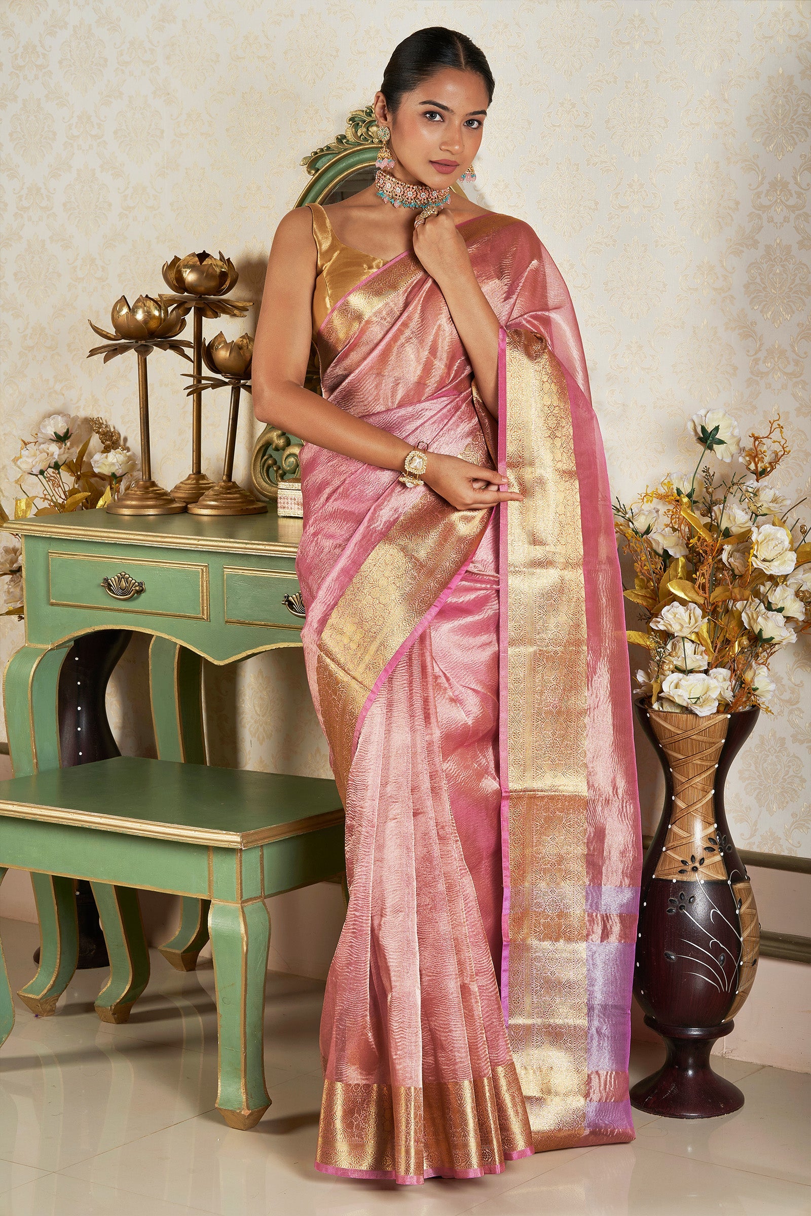 Teejh Riya light Pink Semi Crushed Tissue Silk Saree