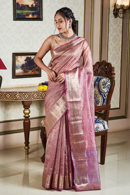 Teejh Ayra Onion Pink Semi Crushed Tissue Silk Saree