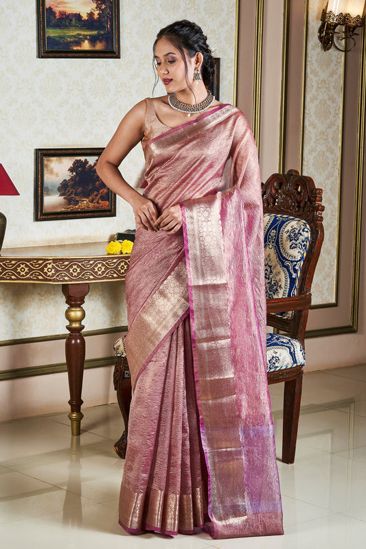 Teejh Ayra Onion Pink Semi Crushed Tissue Silk Saree