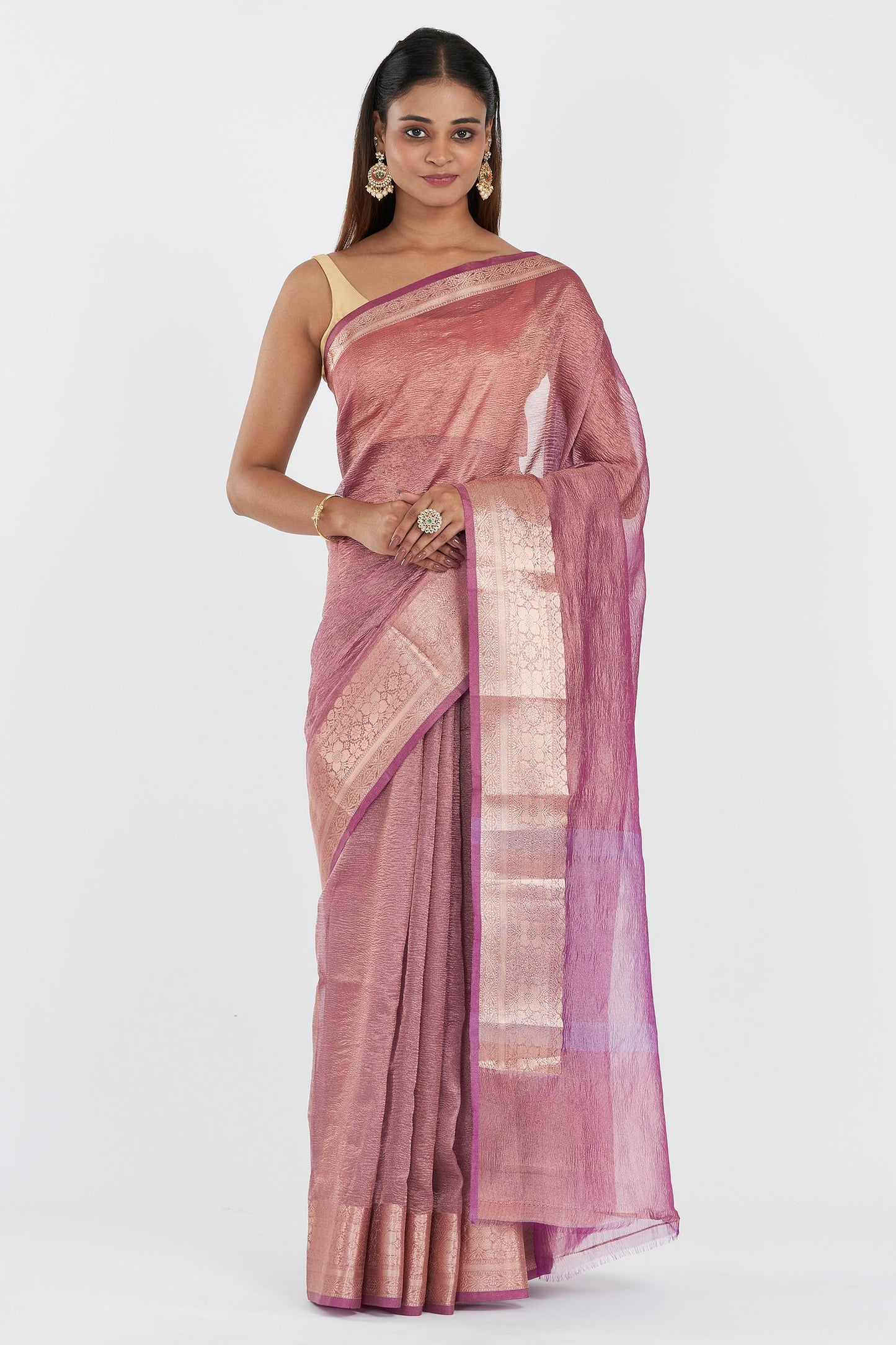 Teejh Ayra Onion Pink Semi Crushed Tissue Silk Saree