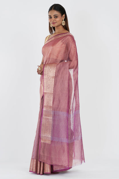 Teejh Ayra Onion Pink Semi Crushed Tissue Silk Saree