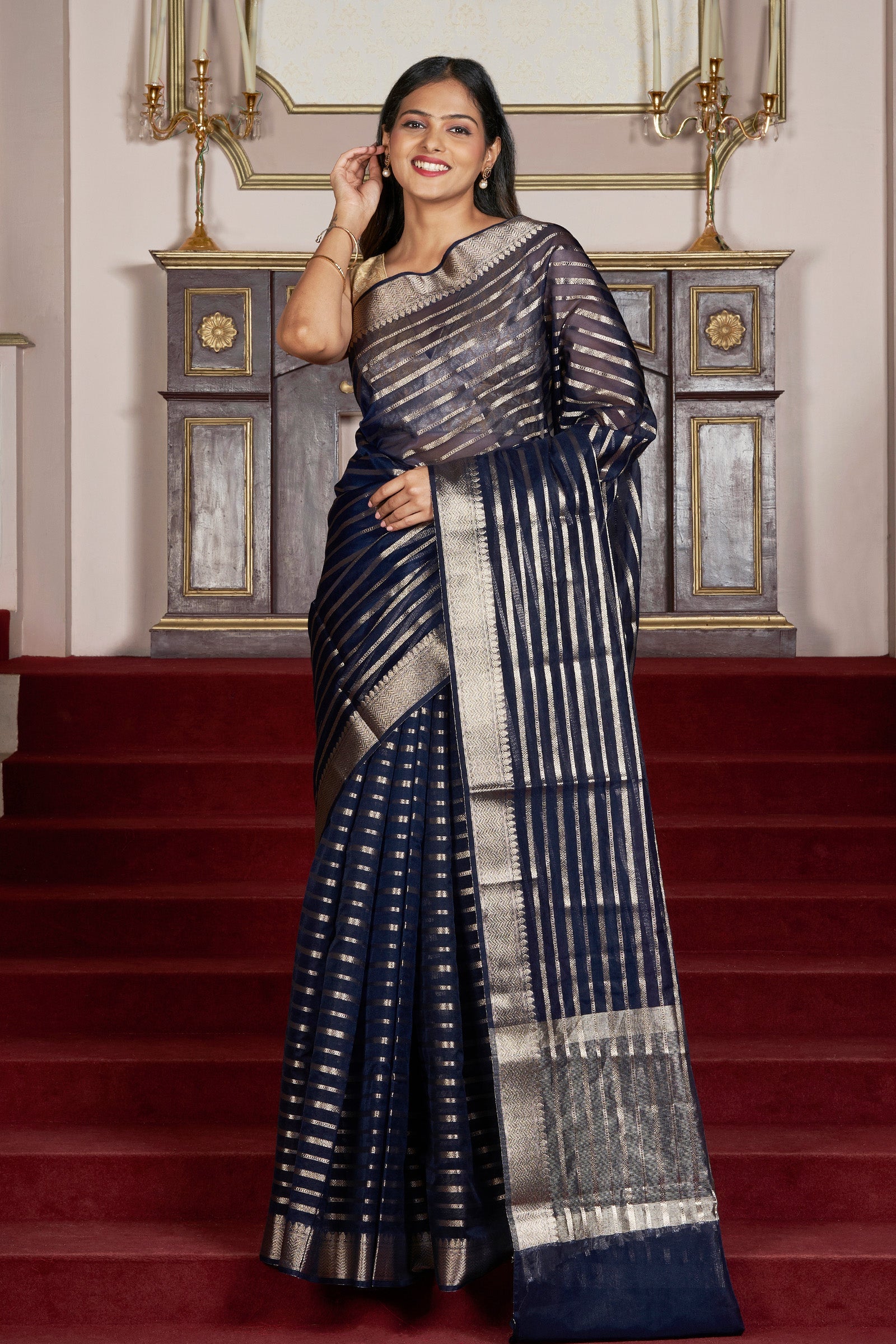 Teejh Nushki Navy Blue Organza Lining Saree