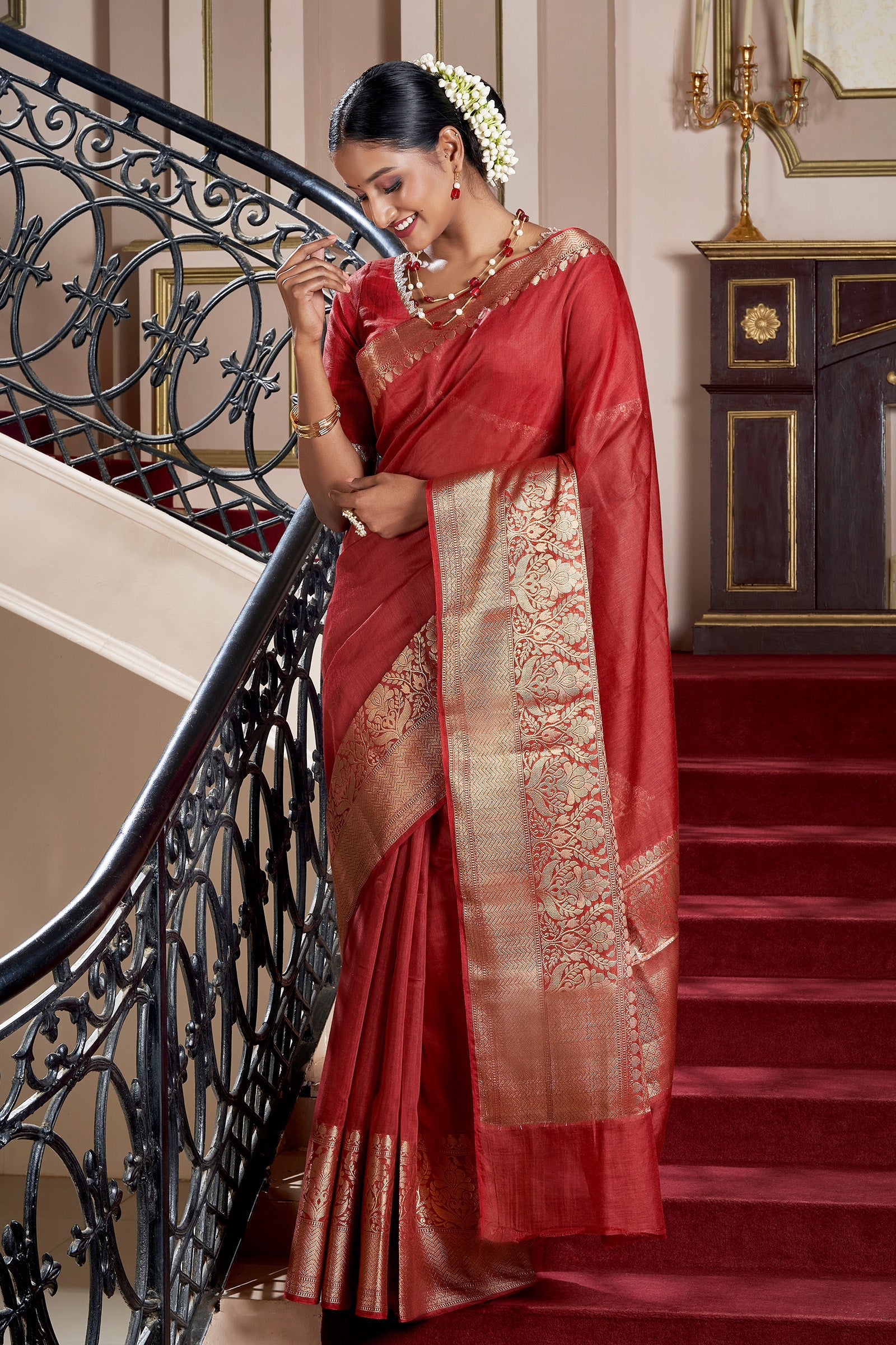 Teejh Narmi Deep Red Banarasi Silk Linen Saree