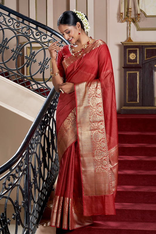 Teejh Narmi Deep Red Banarasi Silk Linen Saree