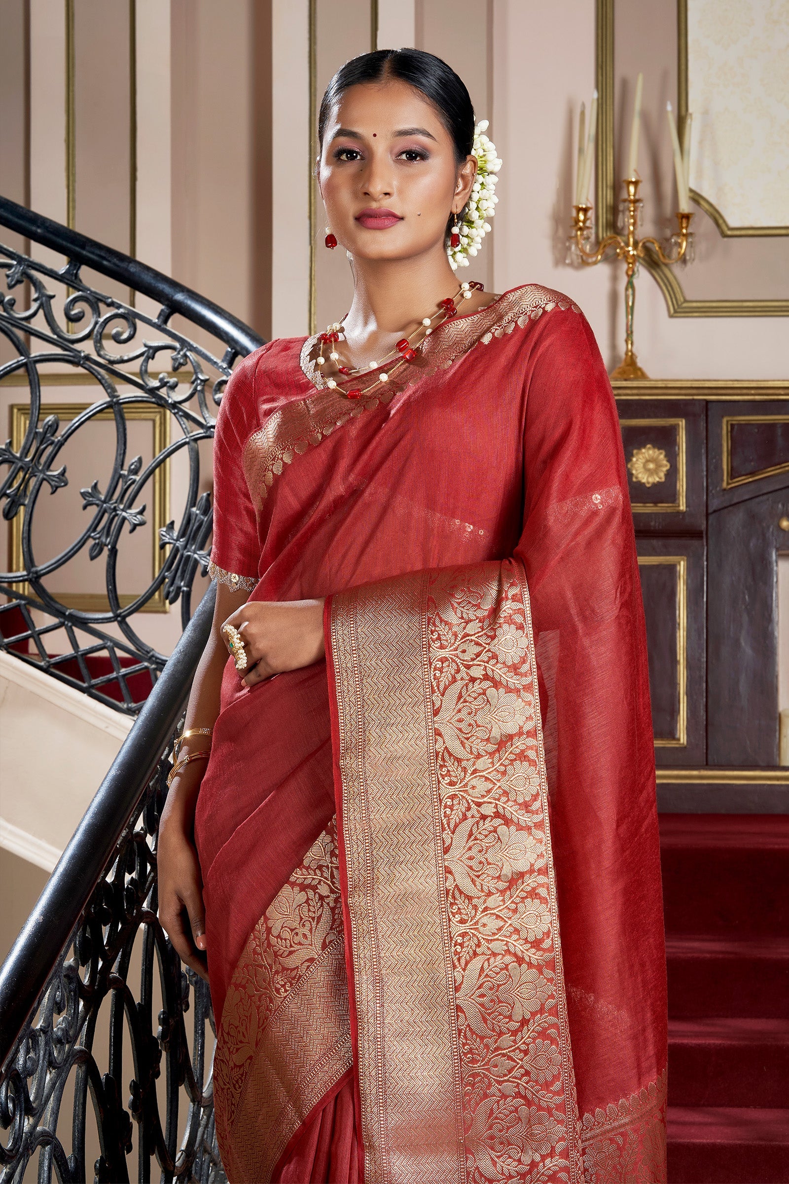 Teejh Narmi Deep Red Banarasi Silk Linen Saree