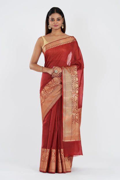 Teejh Narmi Deep Red Banarasi Silk Linen Saree
