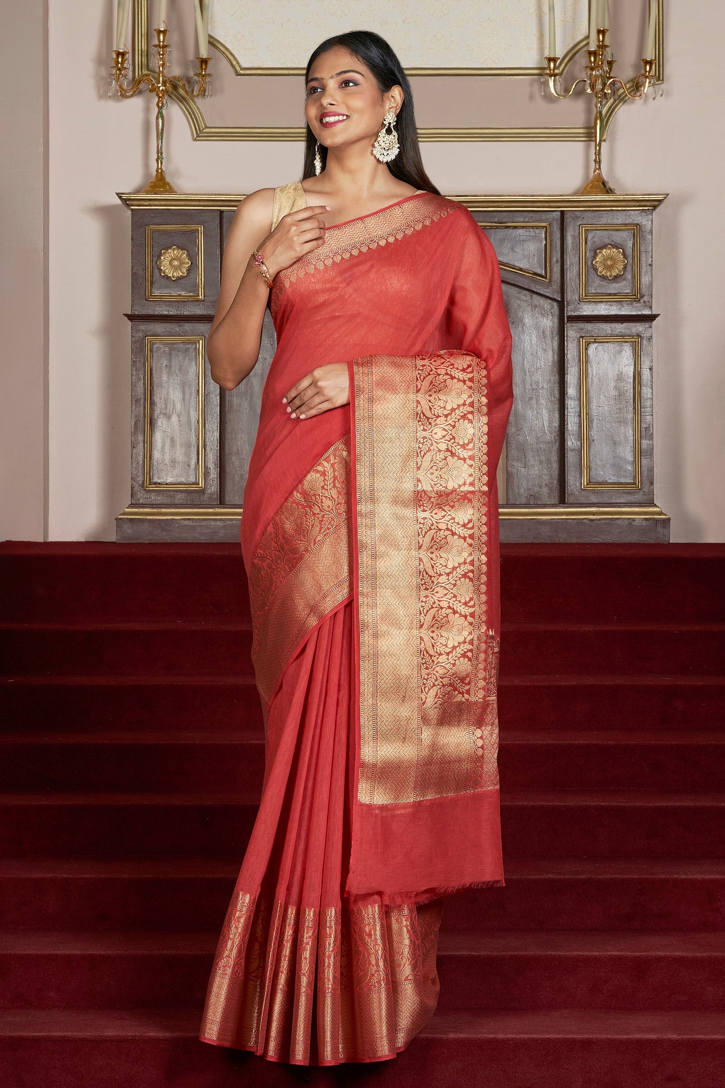 Teejh Vasu Tomato Red Banarasi Silk Linen Saree