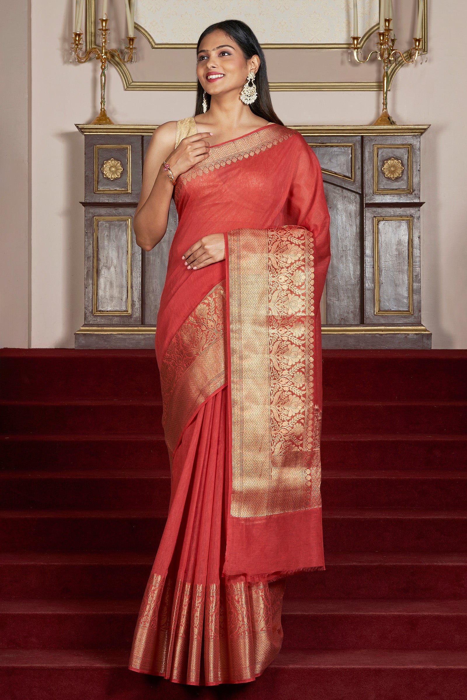 Teejh Vasu Tomato Red Banarasi Silk Linen Saree