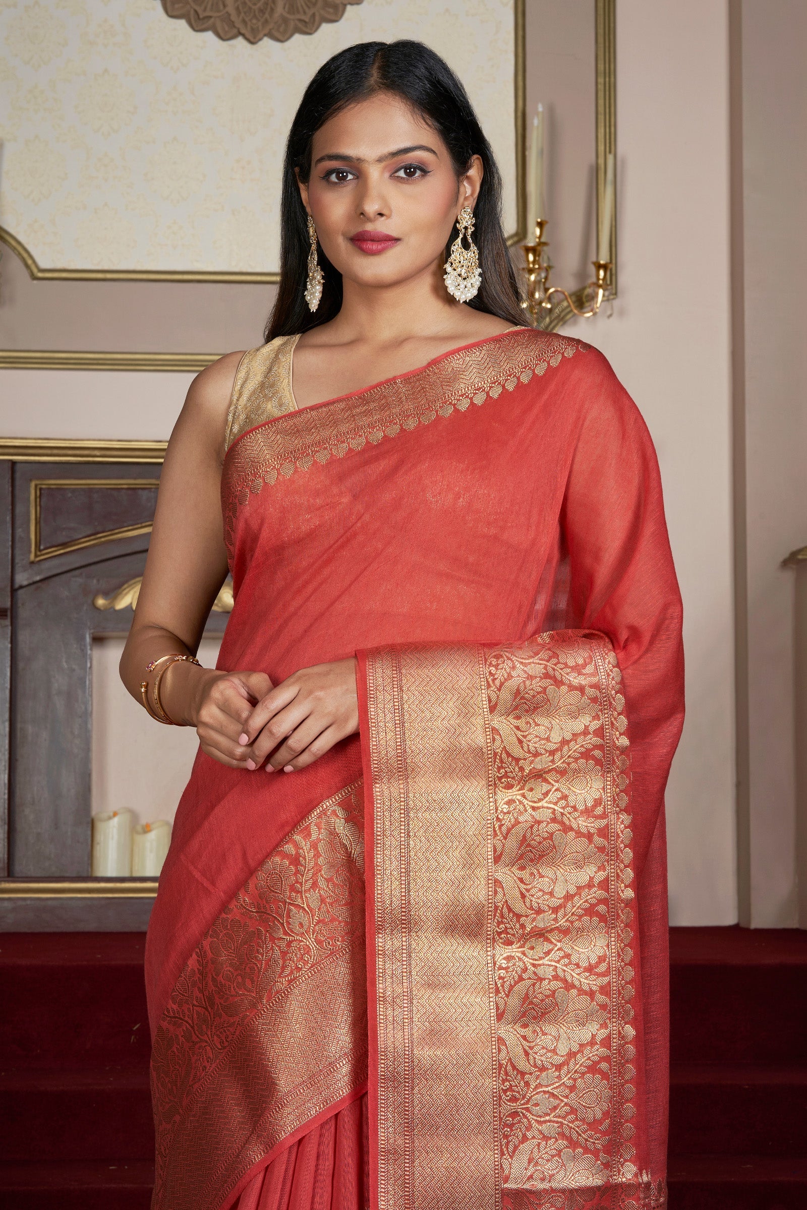 Teejh Vasu Tomato Red Banarasi Silk Linen Saree